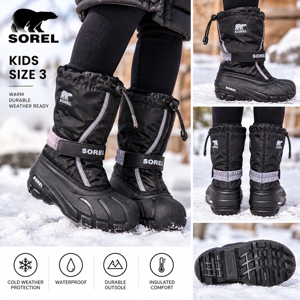Sorel Kids Flurry Snow Boots Black Waterproof Insulated Winter NY5192-016 Size 3